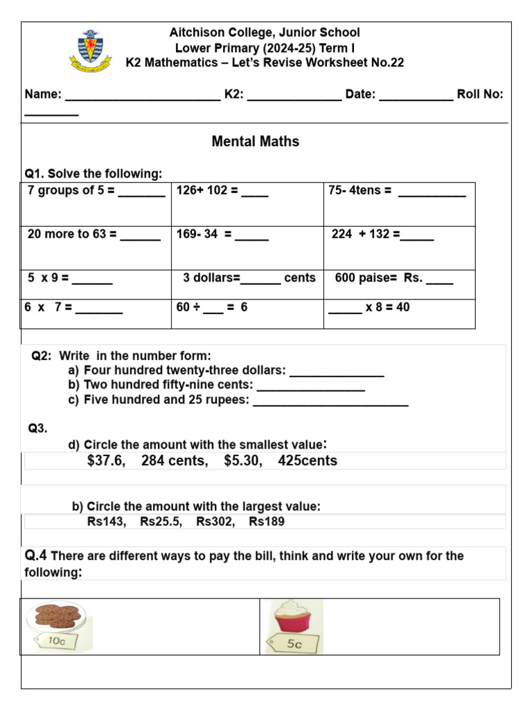 Grade 2 Mental Maths Worksheet | PDF