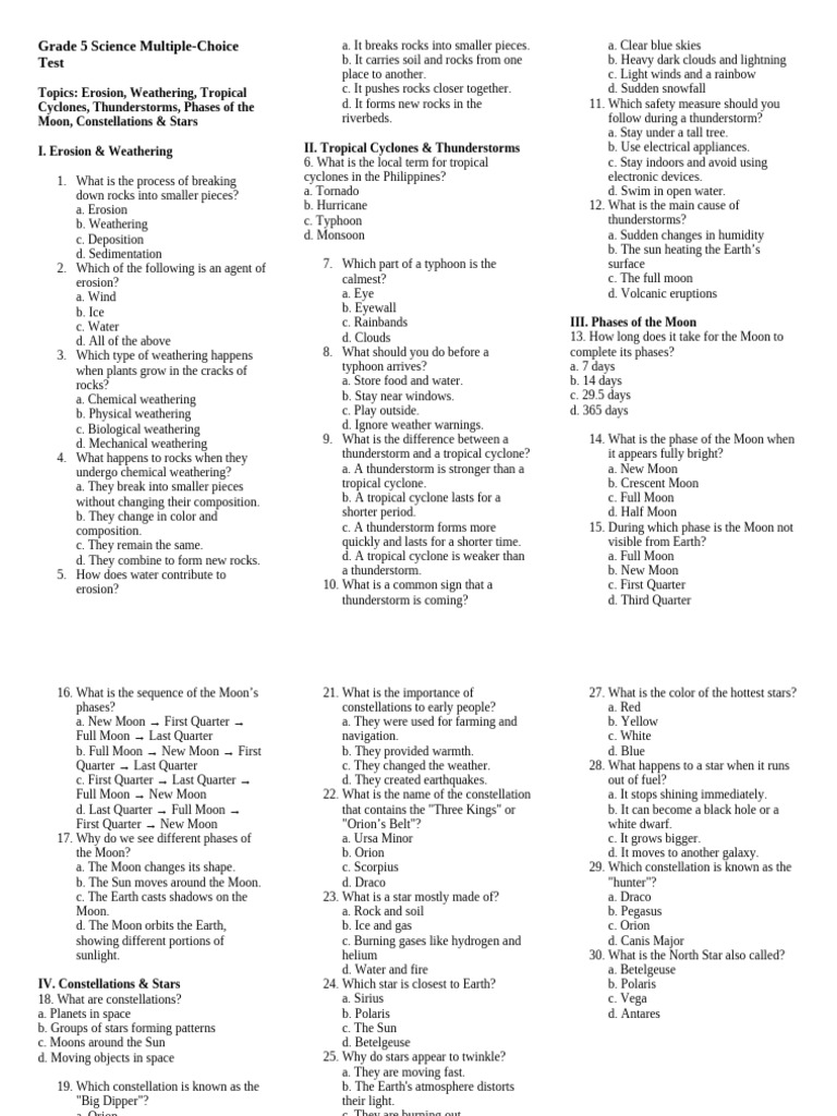 Grade 5 Science Multiple | PDF | Stars | Tropical Cyclones
