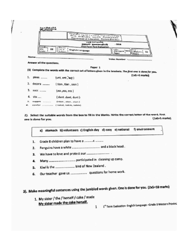English Grade 8 - First Term Test 2018 - Western Province | PDF