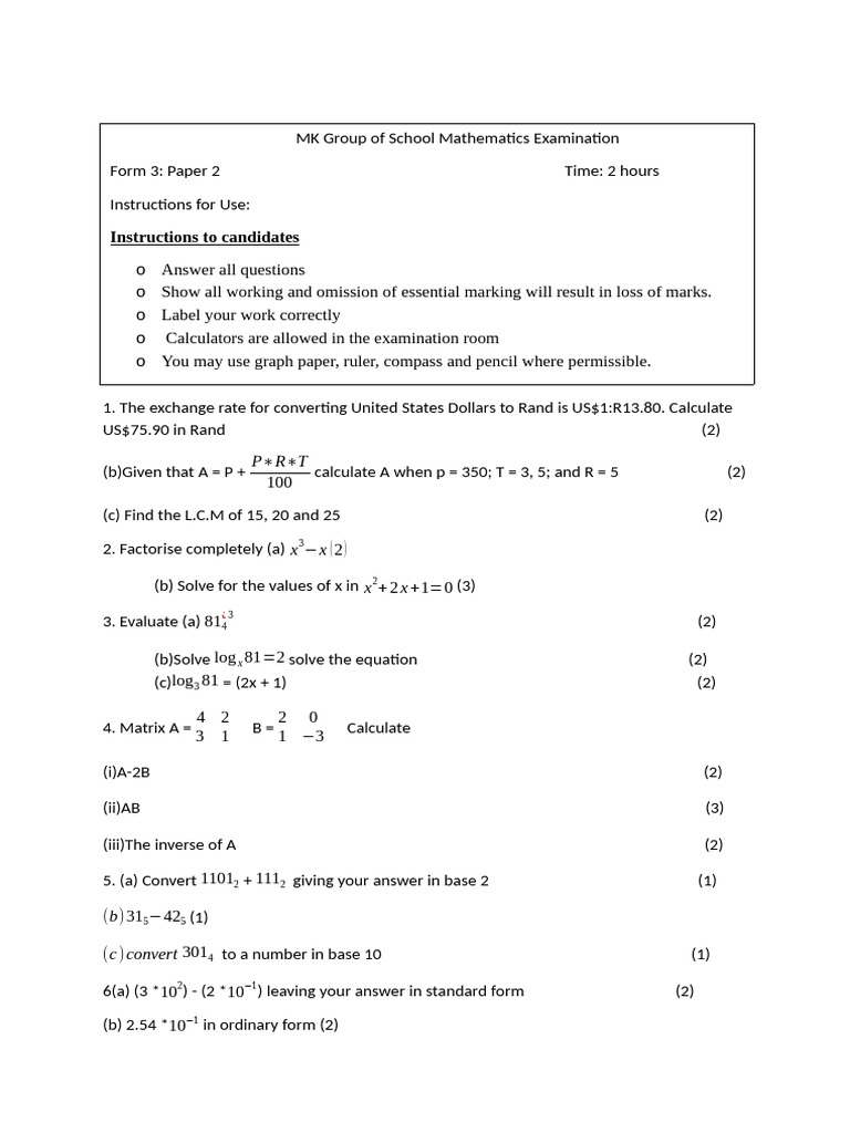 Form 3 Paper 2 MK Maths | PDF | Triangle | Mathematics