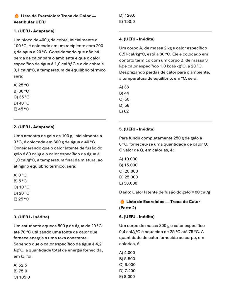 Exercícios de Troca de Calor UERJ | PDF | Calor | Temperatura