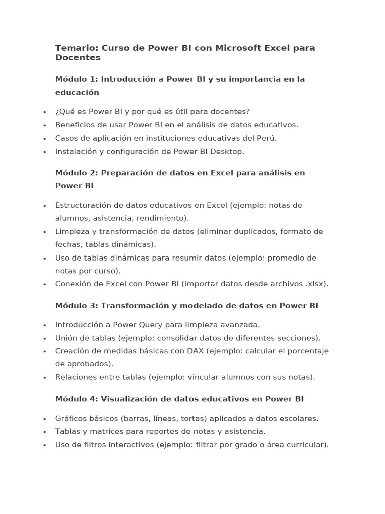 Curso Power BI para Docentes en Excel | PDF | Microsoft Excel | Informática