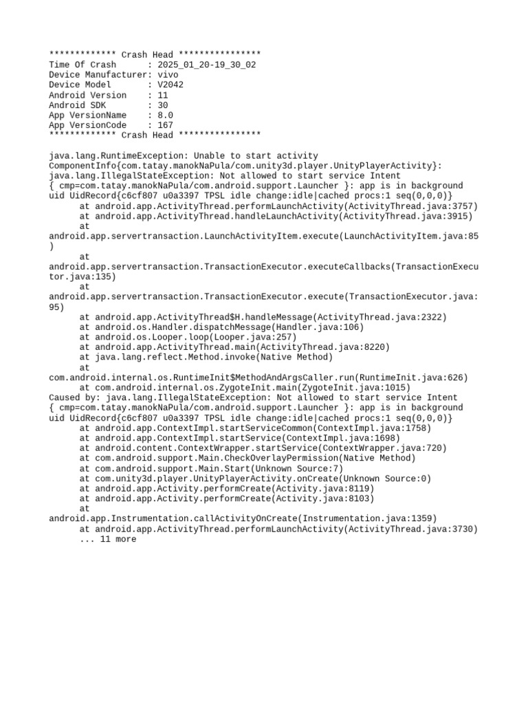Crash Report: Unity App Background Issue | PDF | Java (Programming ...