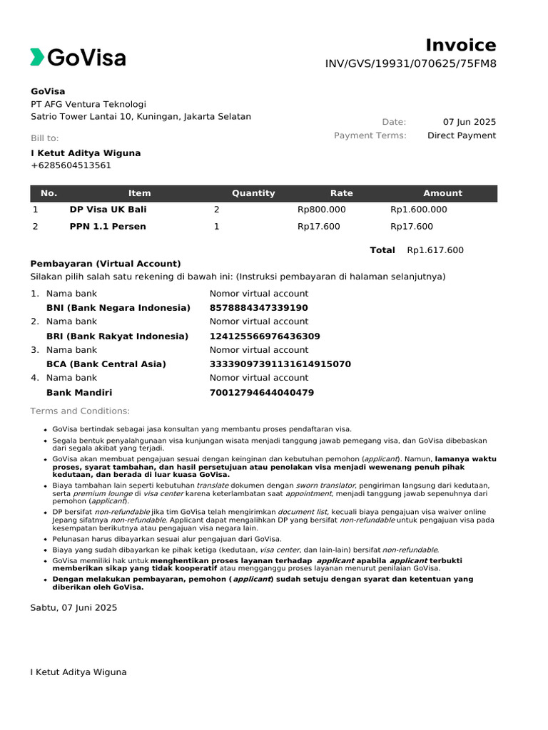 Invoice Pembayaran Visa GoVisa 2025 | PDF