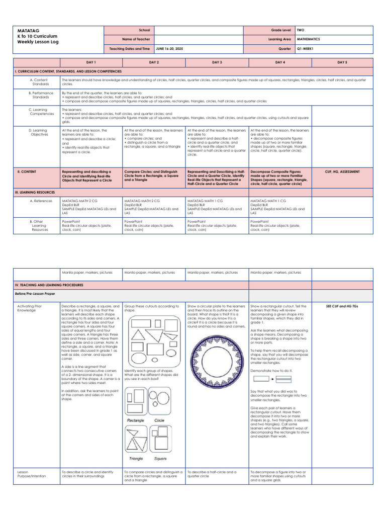 Grade 2 Math Weekly Lesson Plan | PDF | Shape | Circle