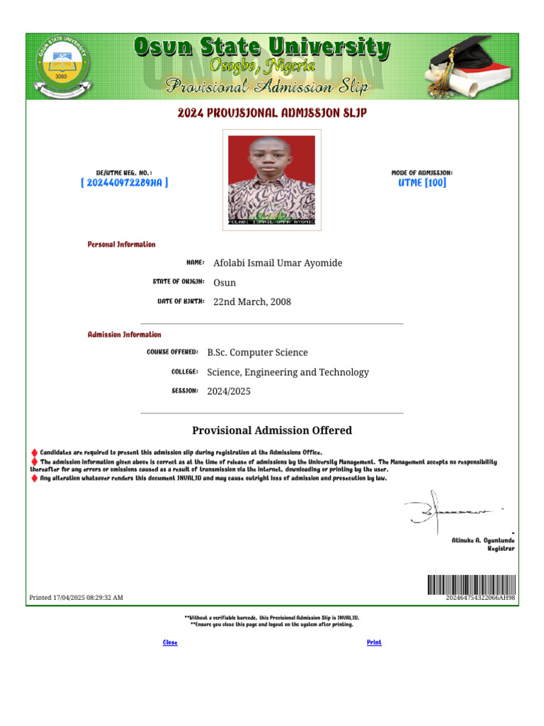 2024 Provisional Admission Slip | PDF | Computing | Computer Science