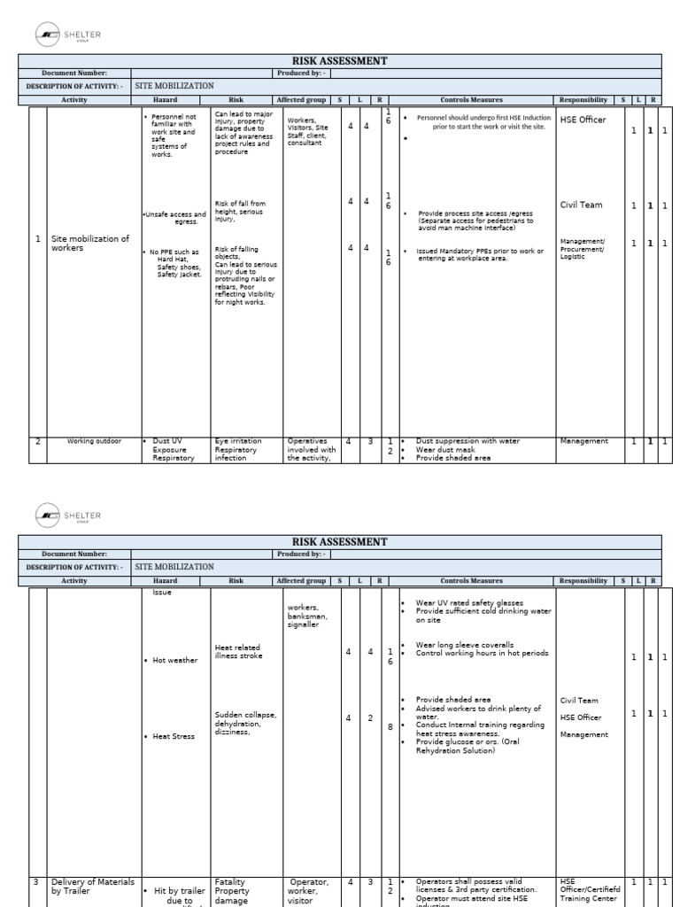 Site Mobilization Risk Assessment Guide | PDF | Risk | Personal ...