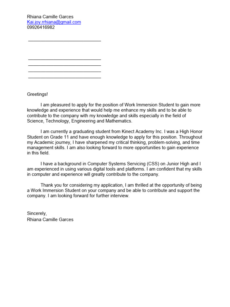 Work Immersion Application by Rhiana Garces | PDF