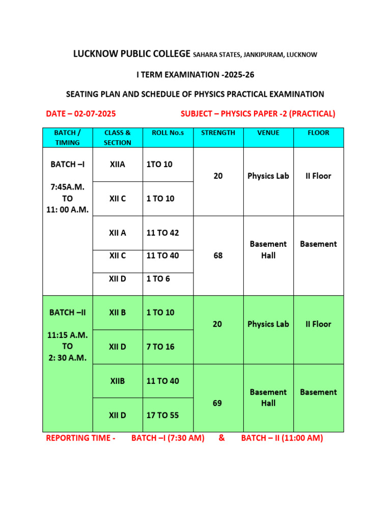 Physics Practical Exam Schedule 2025-26 | PDF