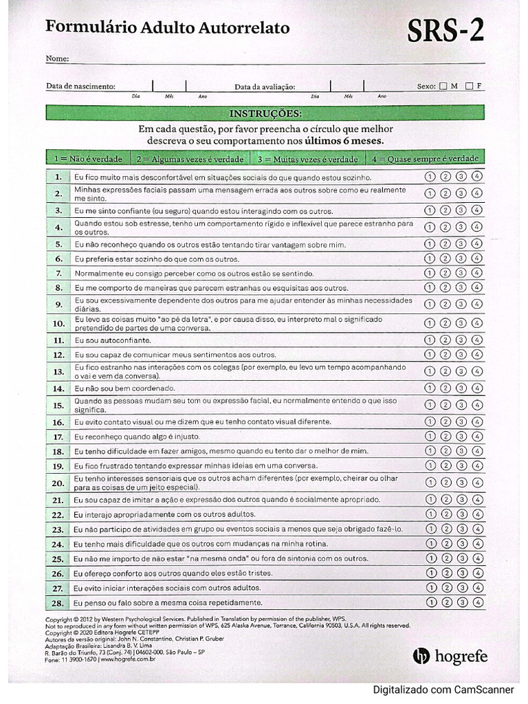 Formulário Adulto Autorrelato SRS-2 | PDF