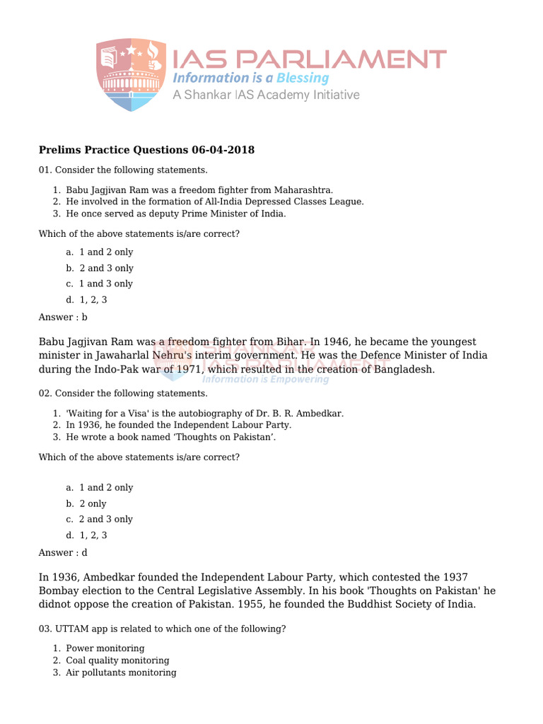 Prelims Practice Questions 06 04 2018 | PDF | International ...