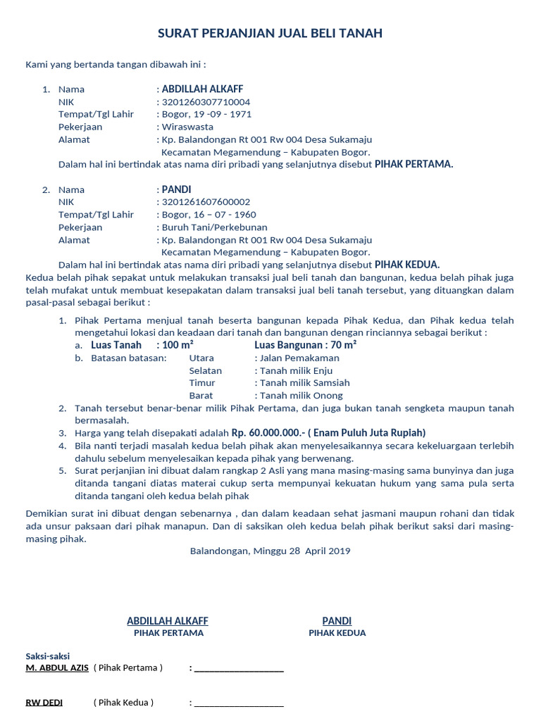 Surat Perjanjian Jual Beli Tanah | PDF