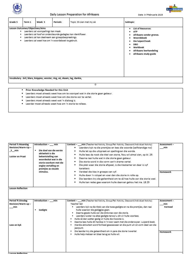 Lesson Plan Week 5 Graad 5 Afrikaans Kwartaal 1 2025 | PDF