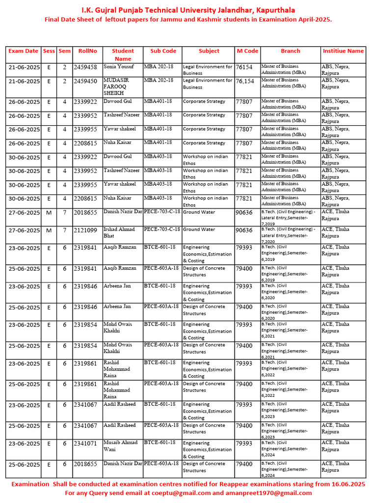 Final Date Sheet J&K | PDF | Engineering