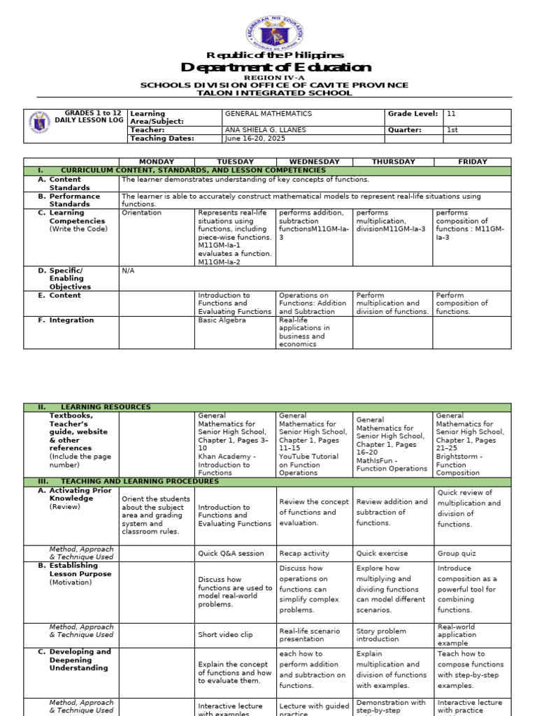 Grade 11 General Mathematics Lesson Plan | PDF | Lecture | Mathematics