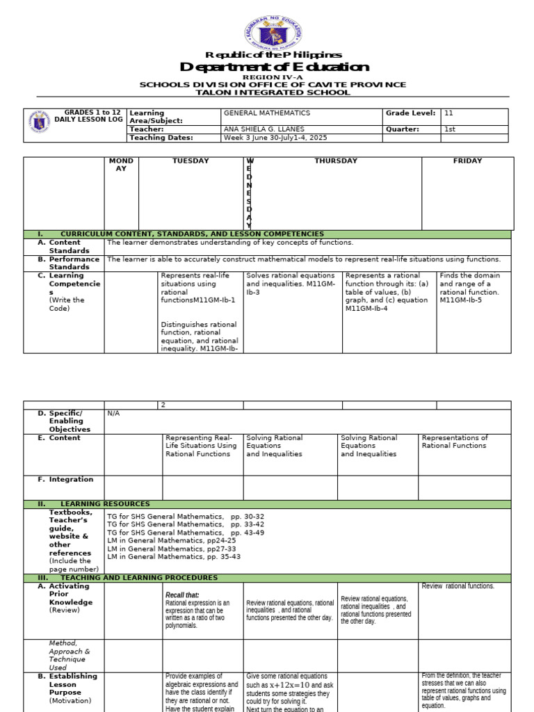 Grade 11 General Math Lesson Plan | PDF | Equations | Function ...