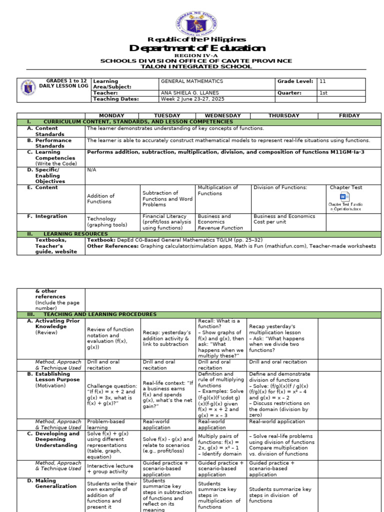 Grade 11 General Mathematics Lesson Plan | PDF | Function (Mathematics ...