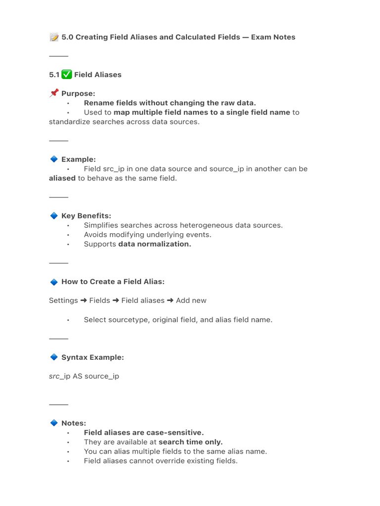 ? 5.0 Creating Field Aliases and Calculated Fields - Exam Notes | PDF ...
