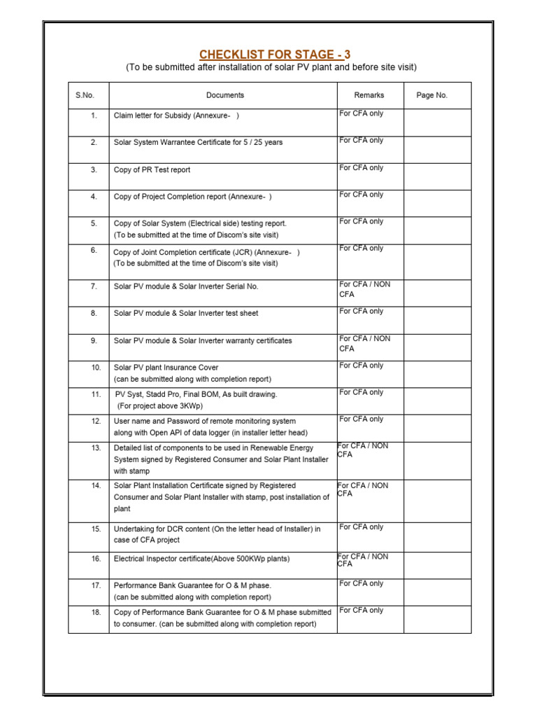 Solar PV Plant Installation Checklist | PDF | Distributed Generation ...