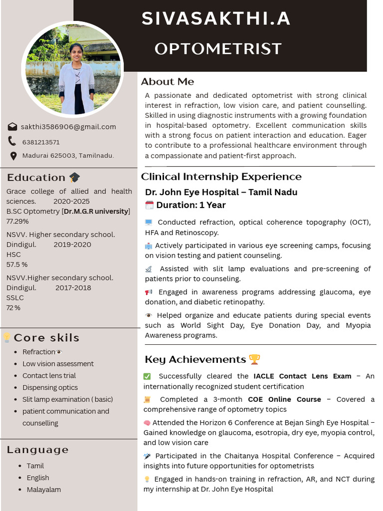Optometry CV of Sivasakthi A. | PDF | Optometry | Eye