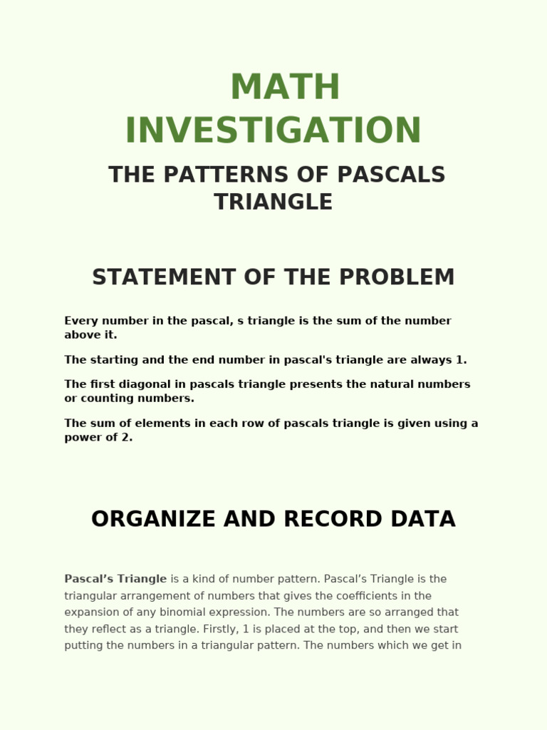 Math Investigation About The Patterns of Pascals Triangle | PDF ...