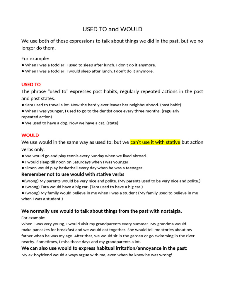 Be Used To e Get Used To and Would | PDF | Syntax | Grammar