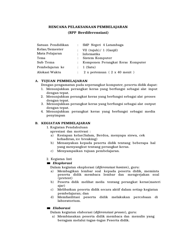 RPP Informatika: Komponen Perangkat Keras | PDF