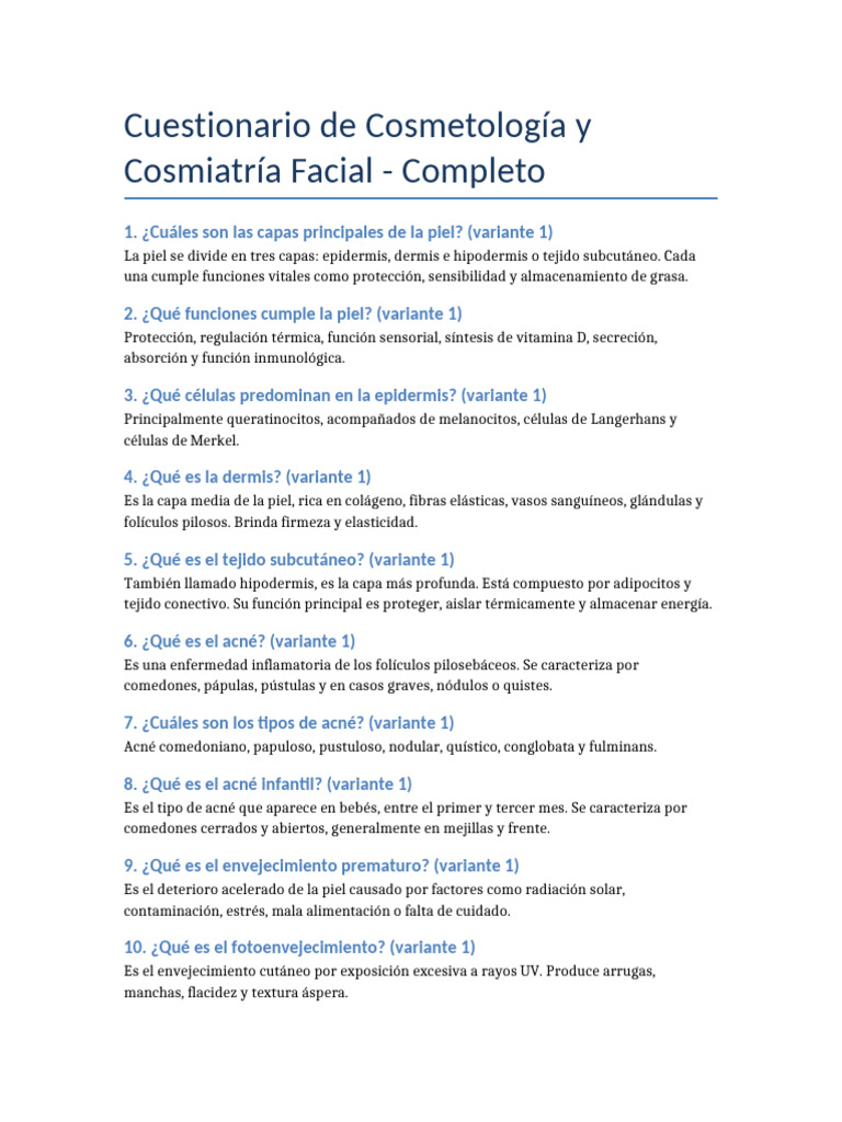 Cuestionario Completo de Cosmetología | PDF | Piel | Epidermis