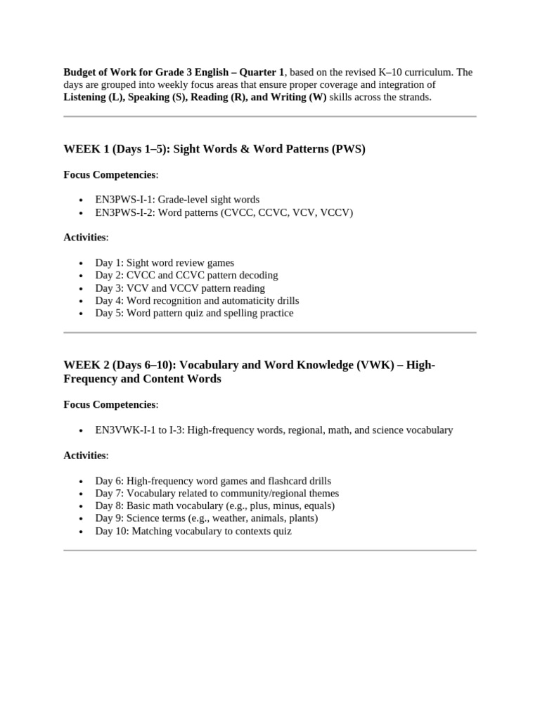 Grade 3 English Curriculum: Quarter 1 Plan | PDF | Sentence ...
