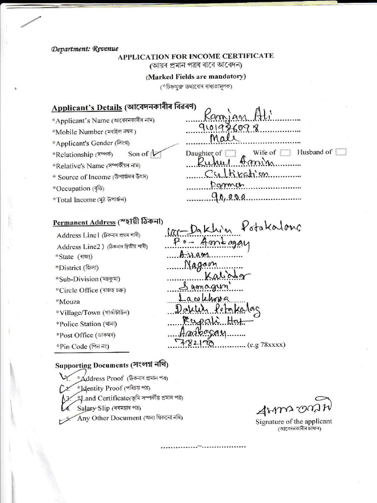 Income Certificate Application Form | PDF