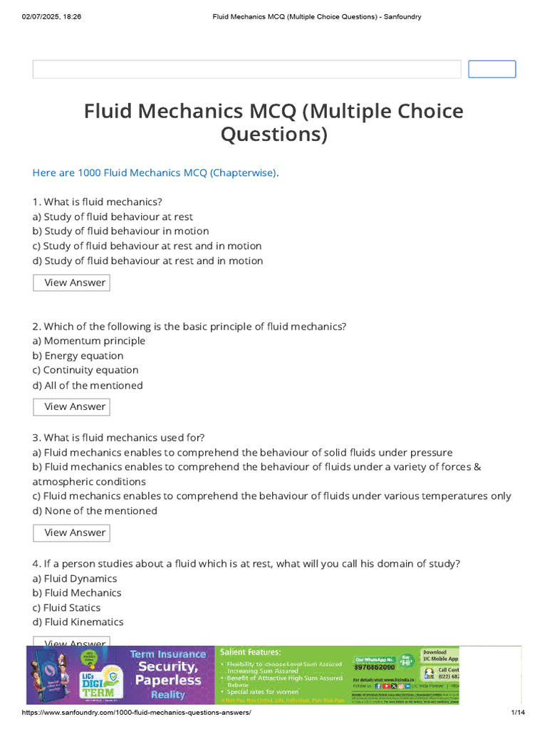 Fluid Mechanics MCQs for Engineers | PDF | Reynolds Number | Fluid ...