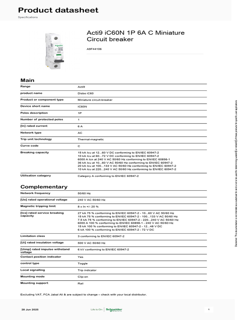 Acti9 iC60N 1P 6A Circuit Breaker Datasheet | PDF | Alternating Current ...