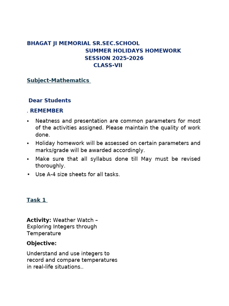 Class 7 Maths Holiday Homework 2025-26 | PDF | Mathematics