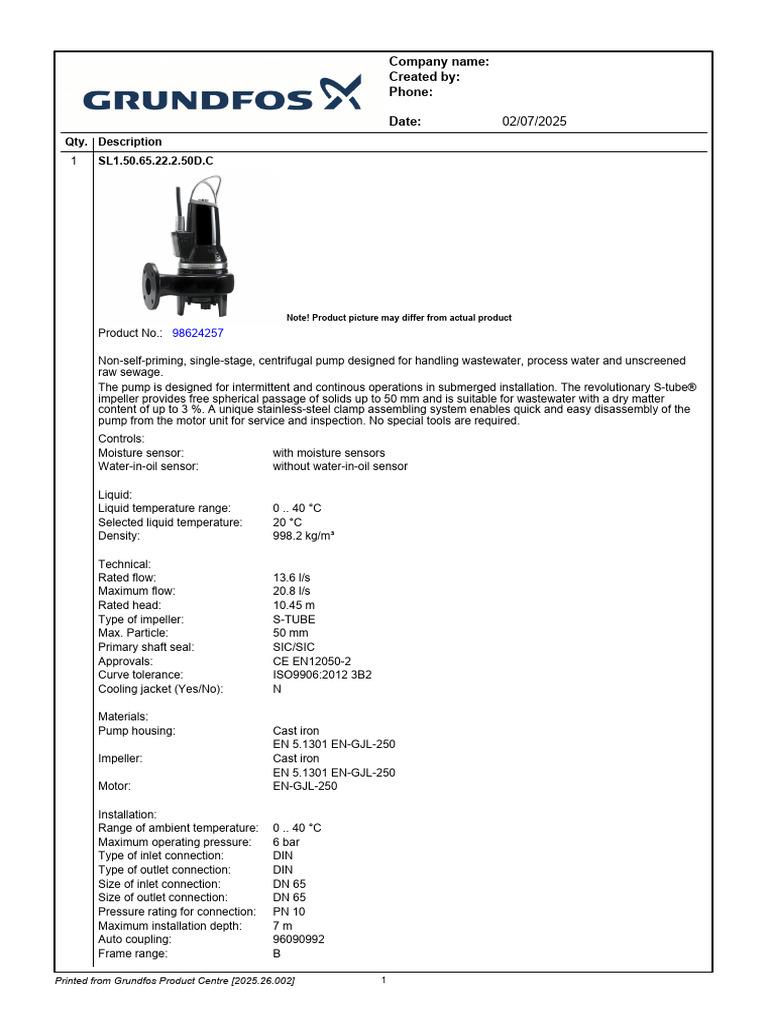 Grundfos SL1.50.65.22.2.50D.C Pump Specs | PDF | Pump | Mains Electricity