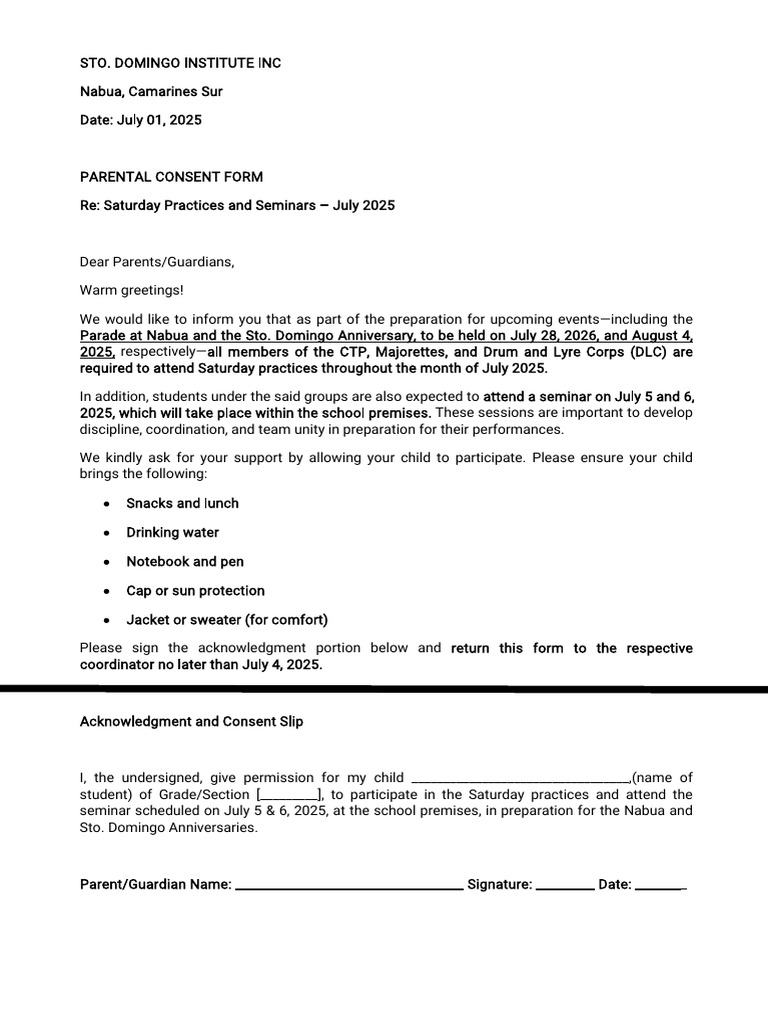 Parental Consent for July 2025 Practices | PDF