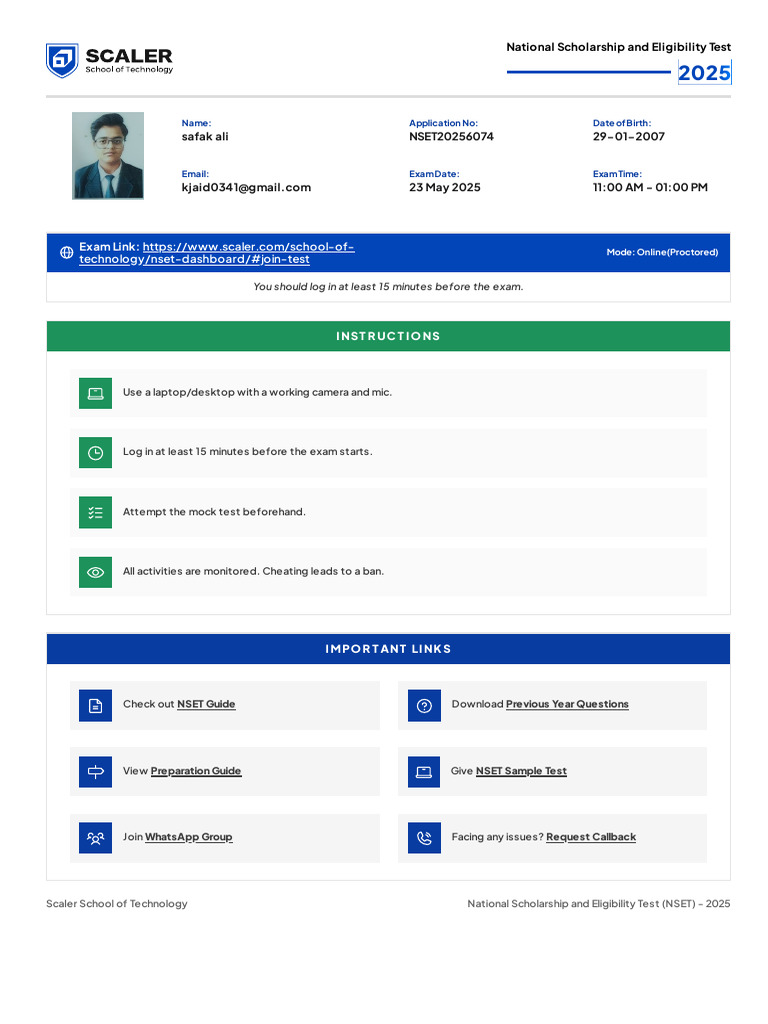 Admit Card Nset | PDF
