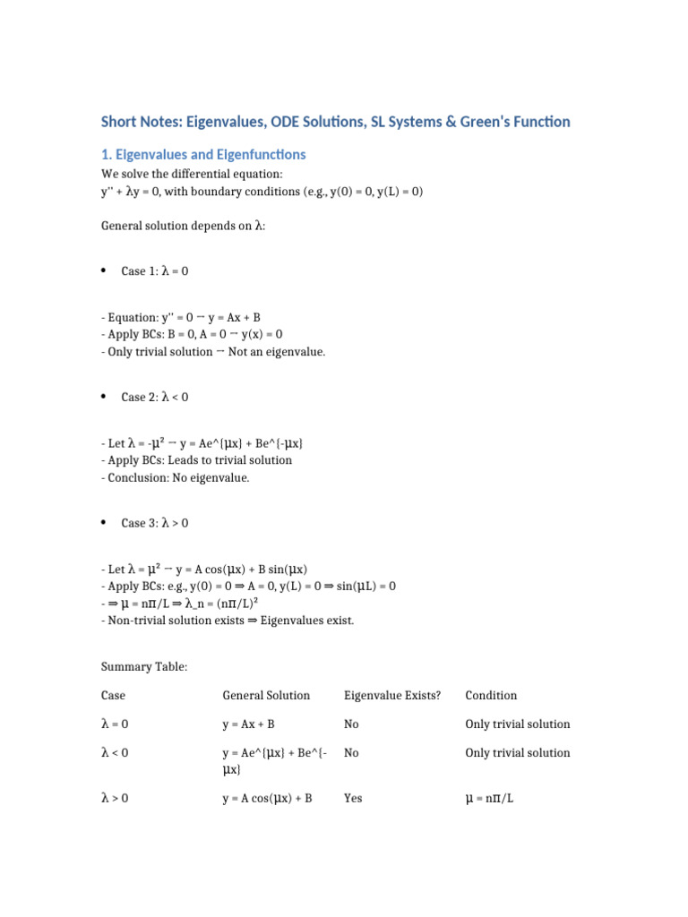 Short Notes Eigen ODE SL Green | PDF