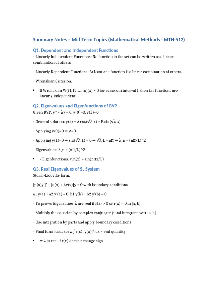 Mid Term Math Methods Summary Notes | PDF