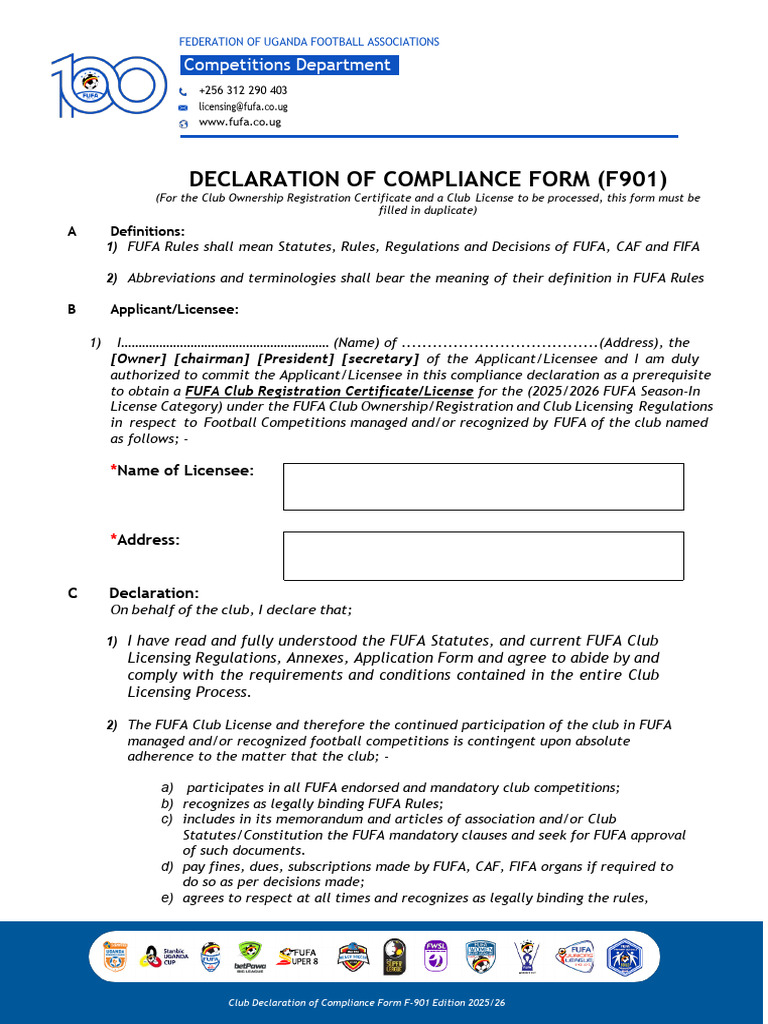FUFA Club Compliance Declaration F-901 | PDF | Justice | Crime & Violence