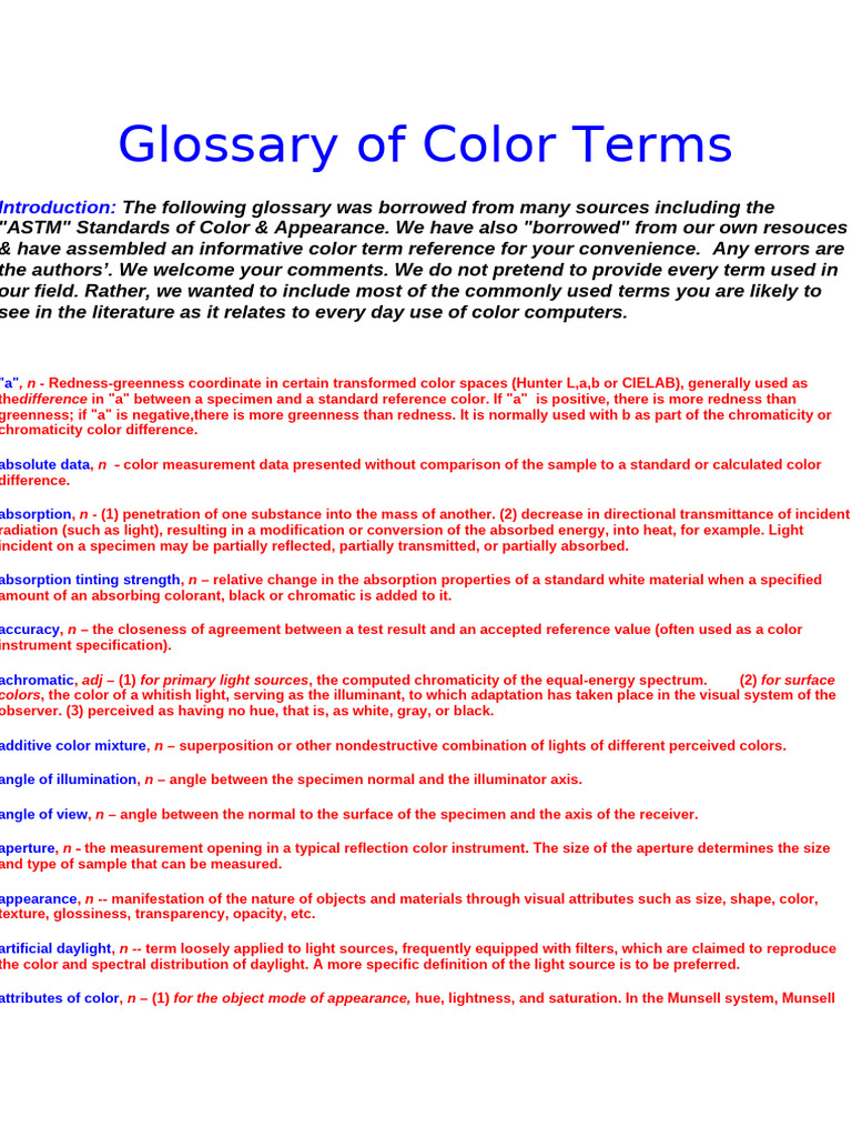 Color Terms Glossary for Reference | PDF | Color | Light