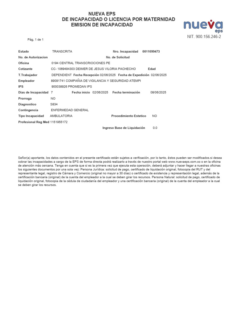 Certificado de Incapacidad Nueva EPS | PDF
