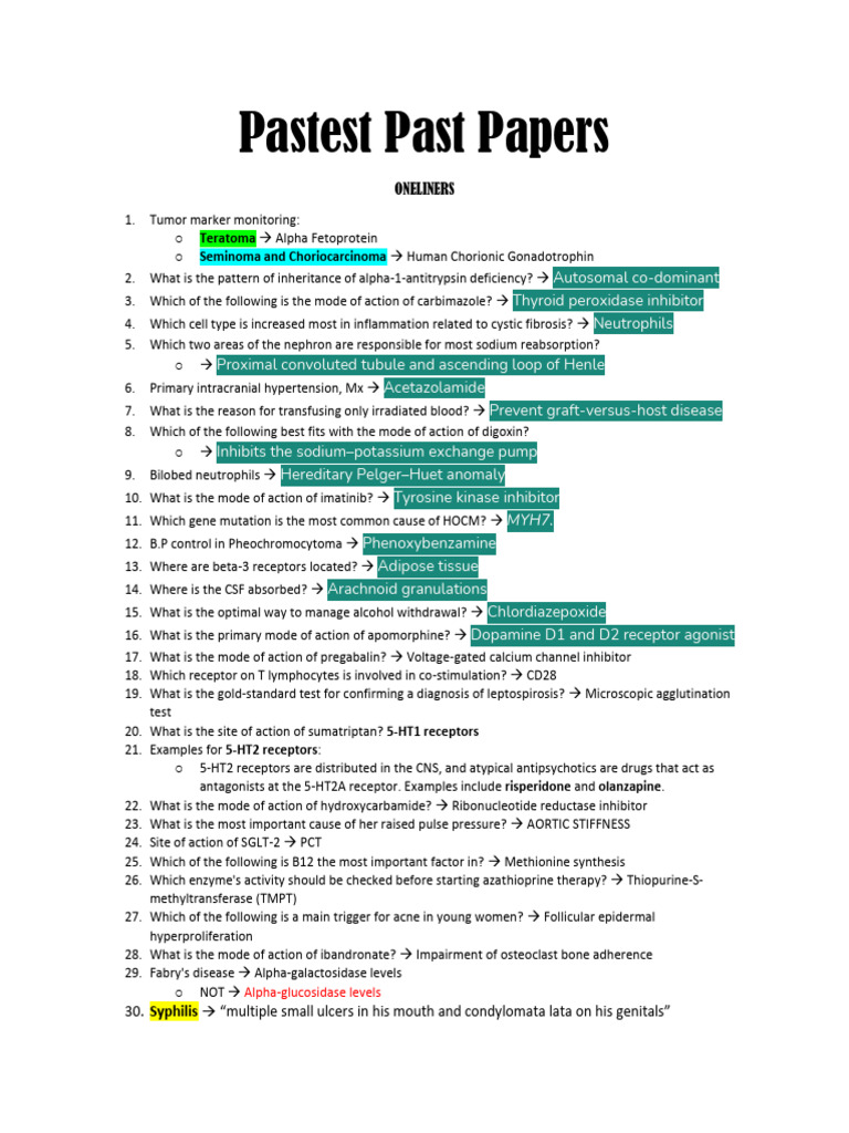 Pastest Past Papers (One Liners Only) | PDF | Medical Specialties ...