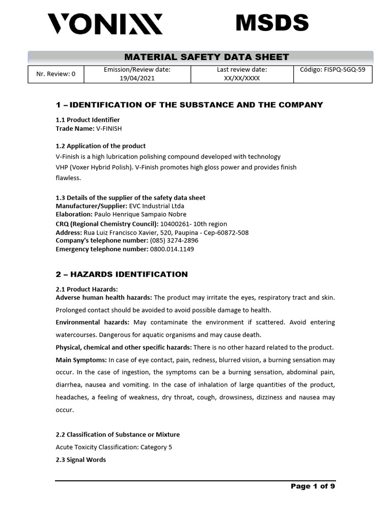 V-Finish MSDS: Safety & Handling Guide | PDF | Occupational Hygiene ...