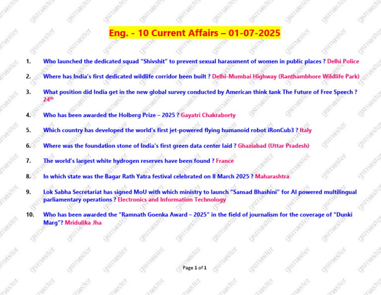 Current Affairs Highlights - July 2025 | PDF