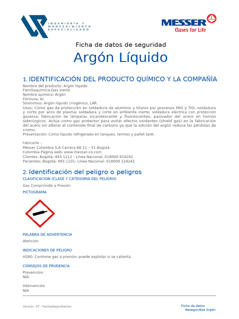 Ficha de Seguridad del Argón Líquido | PDF | Argón | Construcción