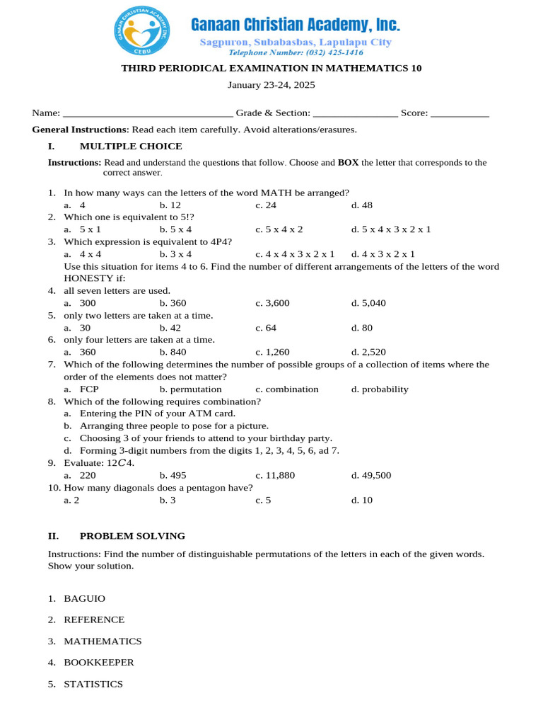 3rd TQ MATH 10 | PDF | Mathematics
