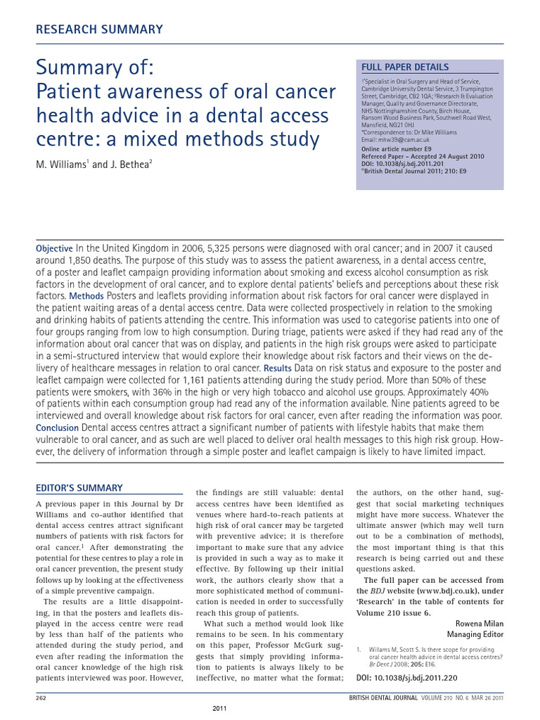 Summary of Patient Awareness of Oral Cancer Health Advice in | PDF ...
