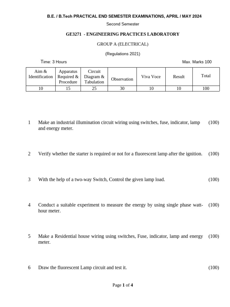 GE3271 Engineering Practices Lab Exam | PDF | Fluorescent Lamp | Switch
