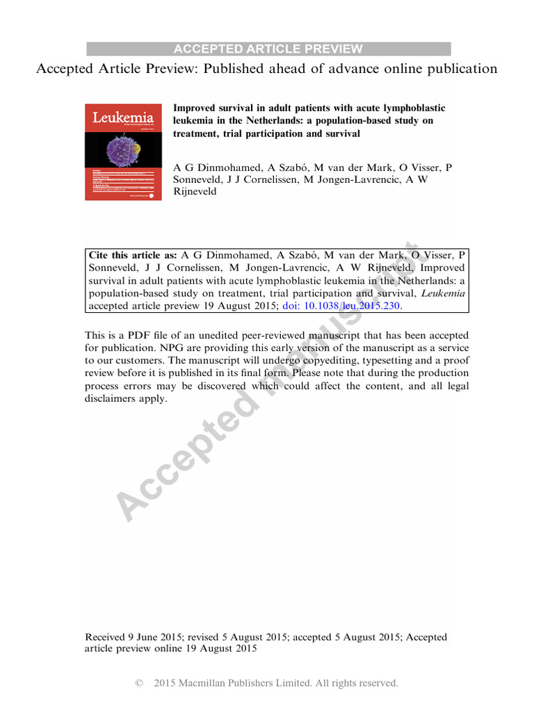 Improved Survival in Adult Patients With Acute Lymphoblastic Leukemia ...
