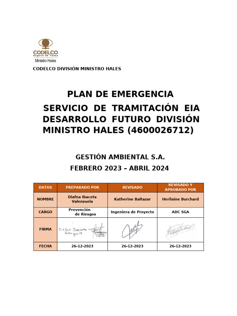 Plan de Emergencia Codelco DMH 2023-2024 | PDF | Riesgo | Seguridad y ...